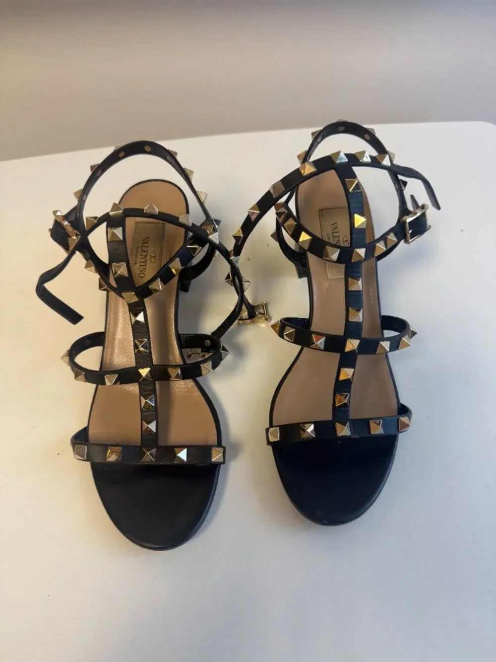 Valentino Garavani Rockstud Black Leather Block Heel Sandal 37.5